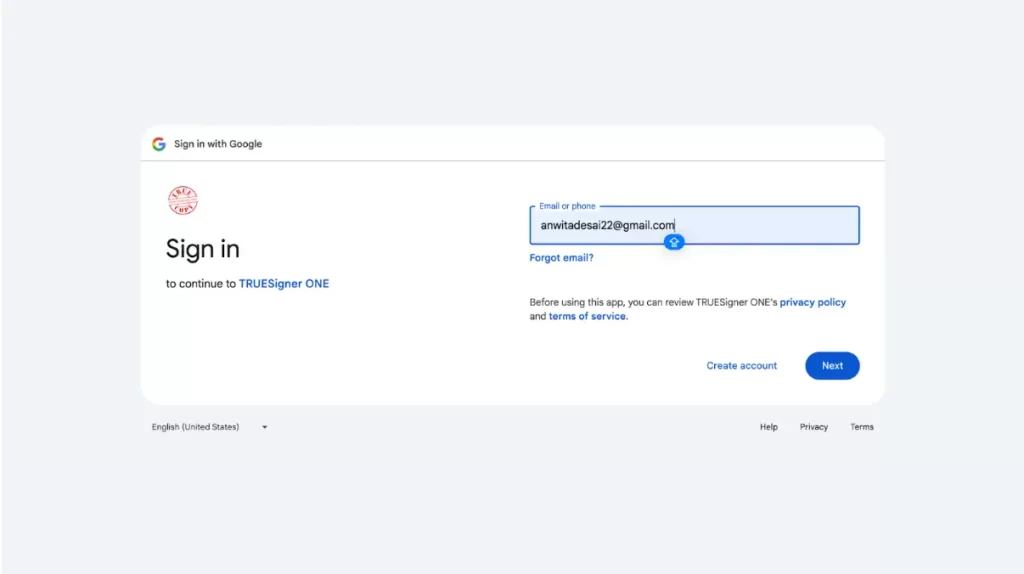 gmail account TRUESigner ONE Lite account